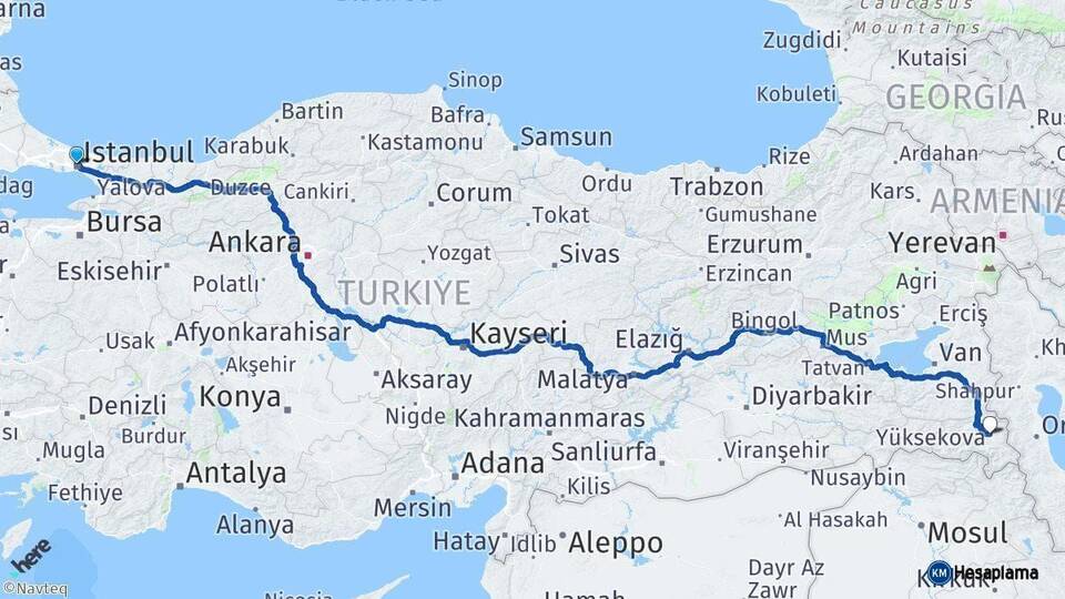 İstanbul Yüksekova Hakkari Arası Kaç Km - Yol Haritası