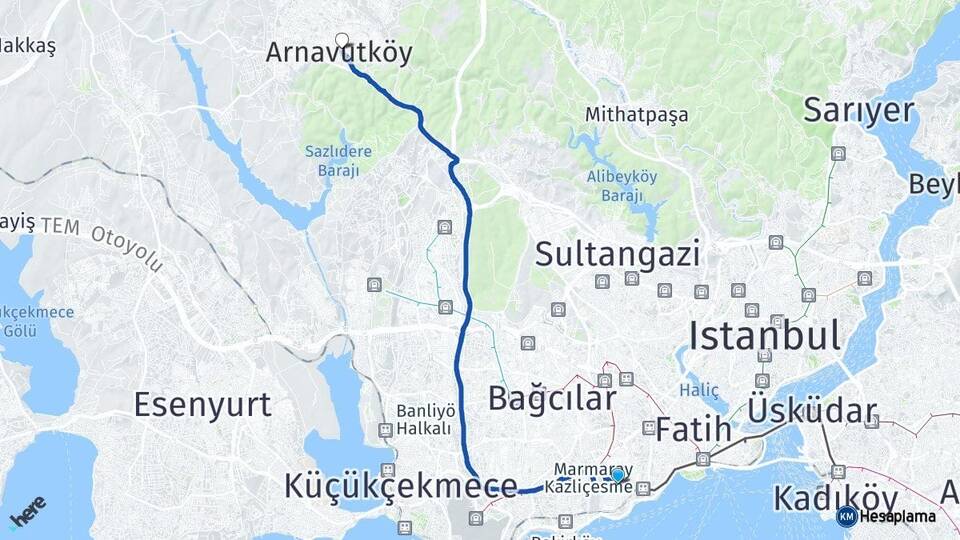 İstanbul Zeytinburnu Arnavutköy Arası Kaç Km - Yol Haritası