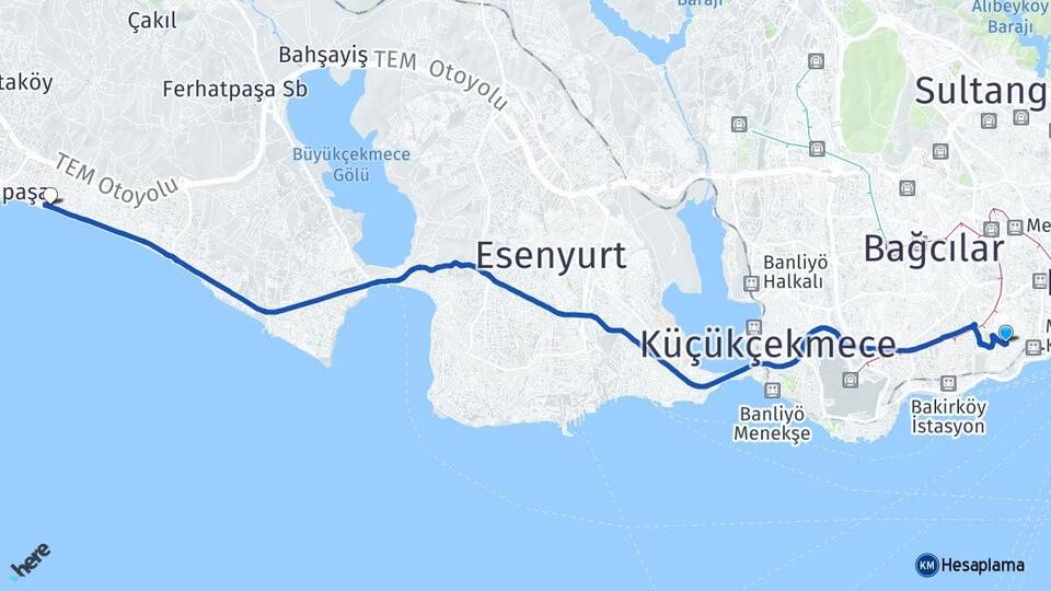 İstanbul Zeytinburnu Celaliye Büyükçekmece Arası Kaç Km - Yol Haritası