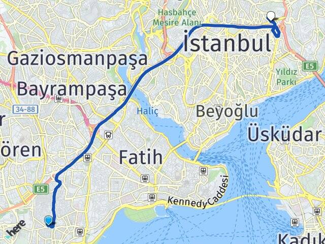 İstanbul Zeytinburnu Esentepe Şişli Arası Kaç Km - Yol Haritası