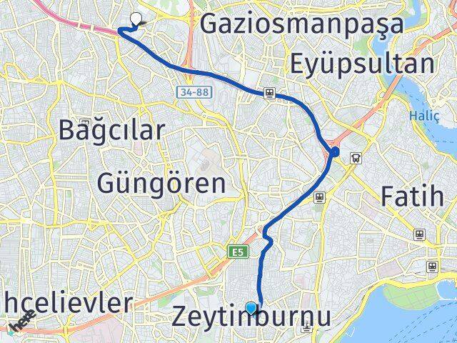 İstanbul Zeytinburnu Havaalanı Esenler Arası Kaç Km - Yol Haritası