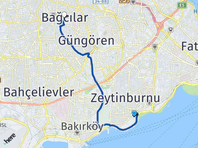 İstanbul Zeytinburnu Kazlıçeşme Bağcılar Arası Kaç Km - Yol Haritası