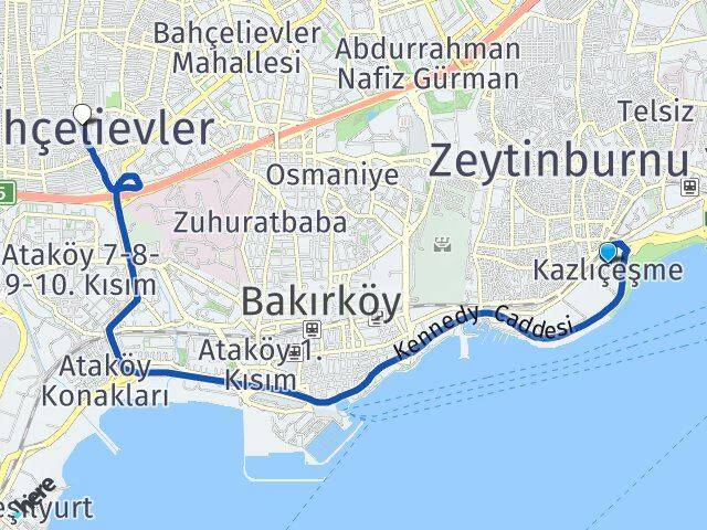 İstanbul Zeytinburnu Kazlıçeşme Bahçelievler Arası Kaç Km - Yol Haritası