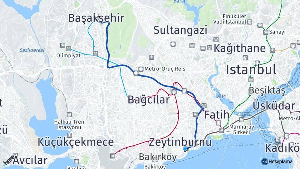 İstanbul Zeytinburnu Kazlıçeşme Başakşehir Arası Kaç Km - Yol Haritası