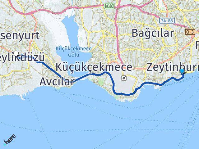 İstanbul Zeytinburnu Kazlıçeşme Beylikdüzü Arası Kaç Km - Yol Haritası