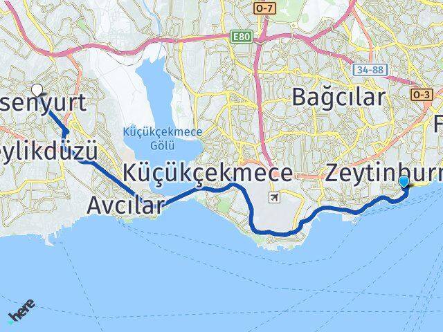İstanbul Zeytinburnu Kazlıçeşme Esenyurt Arası Kaç Km - Yol Haritası