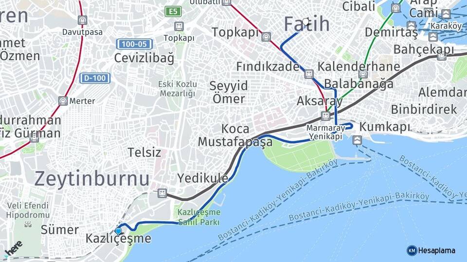 İstanbul Zeytinburnu Kazlıçeşme Fatih Arası Kaç Km - Yol Haritası