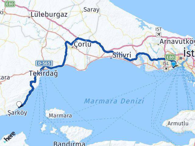 İstanbul Zeytinburnu Mürefte Şarköy Tekirdağ Arası Kaç Km - Yol Haritası