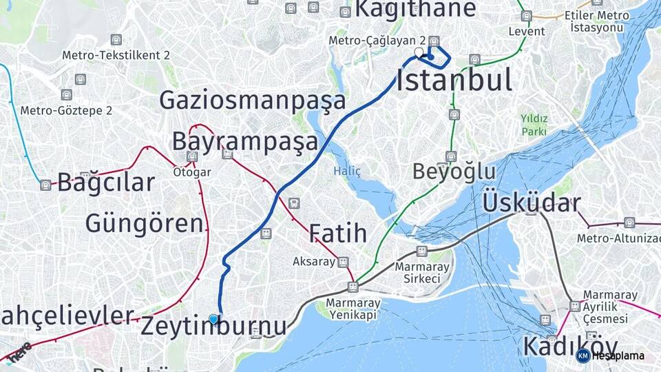İstanbul Zeytinburnu Okmeydanı Şişli Arası Kaç Km - Yol Haritası