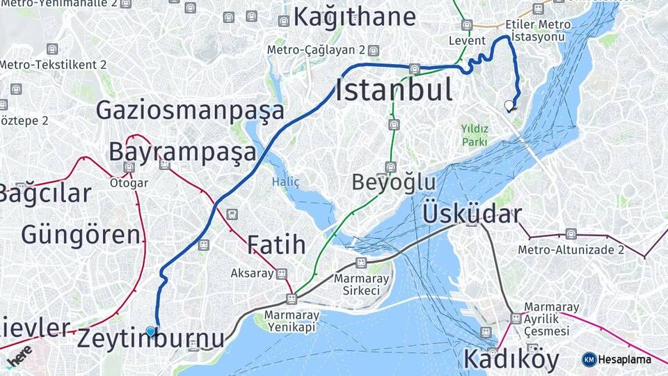 İstanbul Zeytinburnu Ortaköy Beşiktaş Arası Kaç Km - Yol Haritası