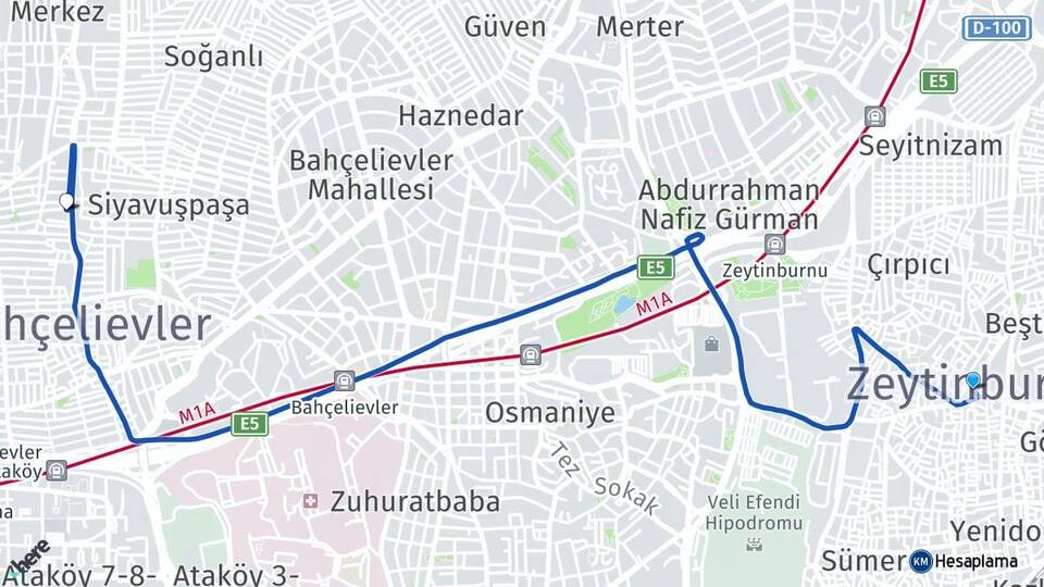 İstanbul Zeytinburnu Şirinevler Bahçelievler Arası Kaç Km - Yol Haritası