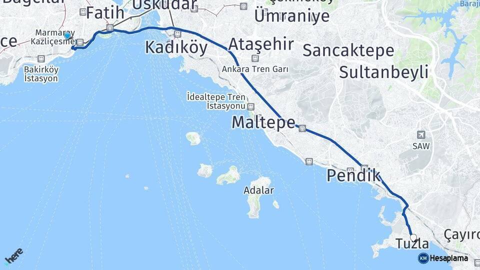 İstanbul Zeytinburnu Tuzla Arası Kaç Km - Yol Haritası
