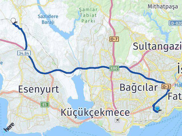 İstanbul Zeytinburnu Yeşilbayır Arnavutköy Arası Kaç Km - Yol Haritası