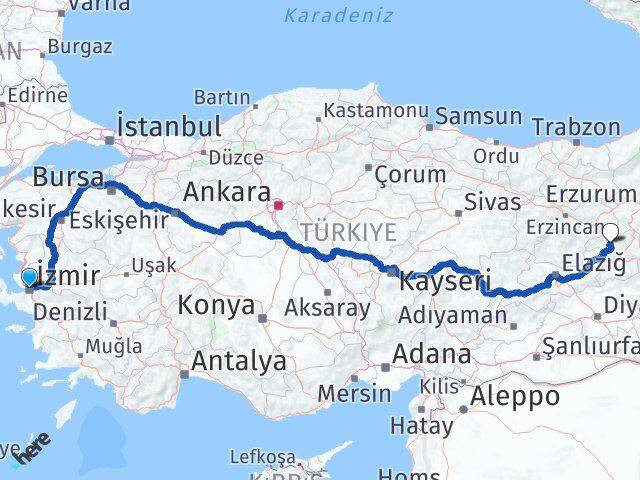 İzmir Adaklı Bingöl Arası Kaç Km - Yol Haritası