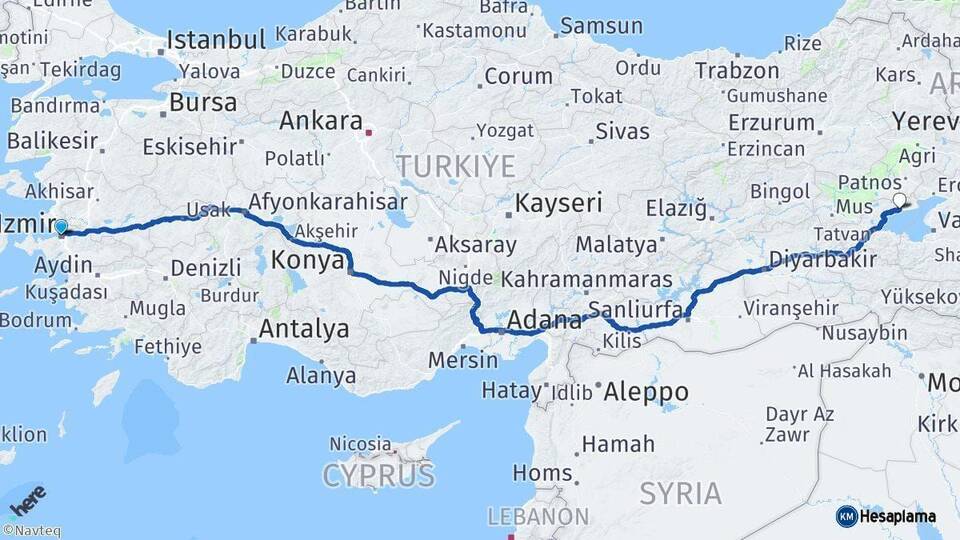 İzmir Adilcevaz Bitlis Arası Kaç Km - Yol Haritası