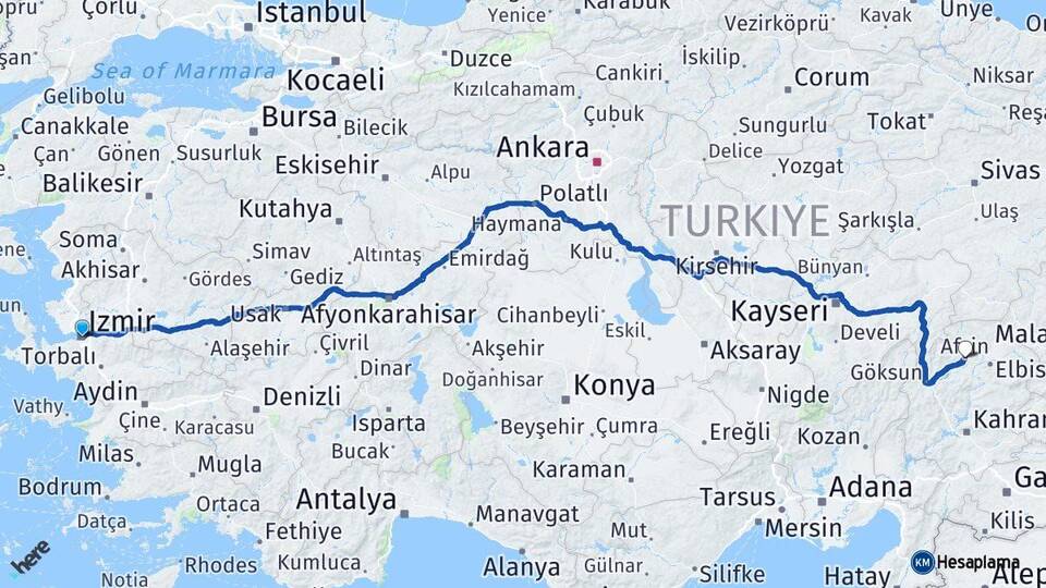 İzmir Afşin Kahramanmaraş Arası Kaç Km - Yol Haritası