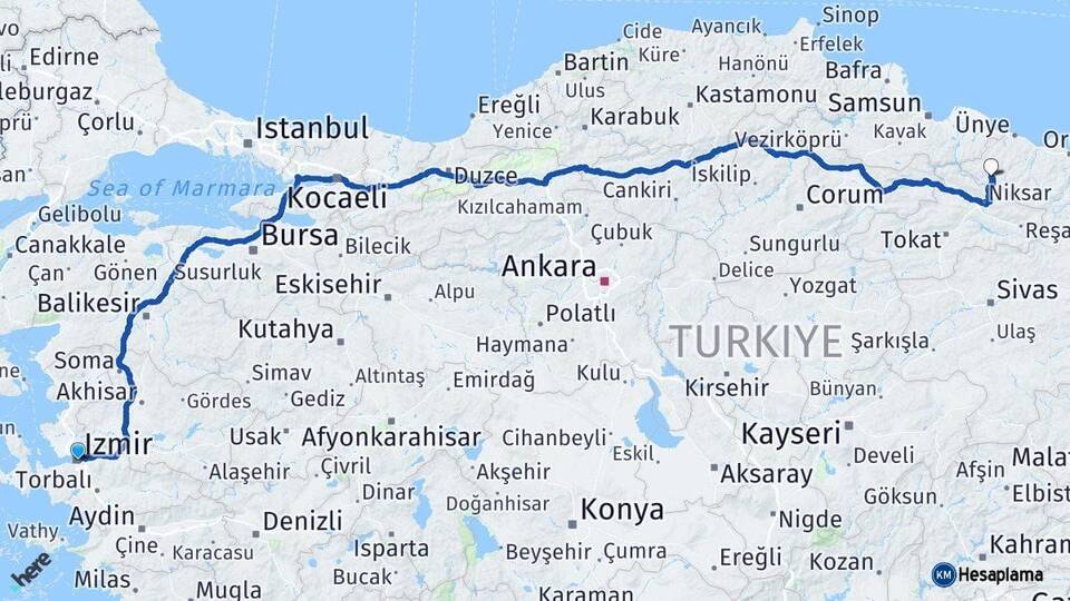 İzmir Akkuş Ordu Arası Kaç Km - Yol Haritası