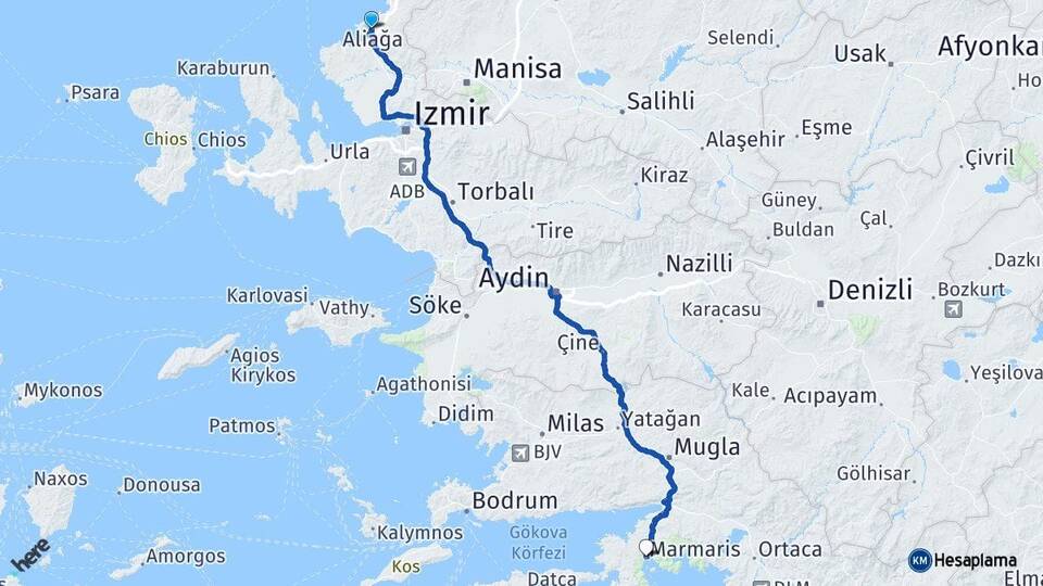 İzmir Aliağa Marmaris Muğla Arası Kaç Km - Yol Haritası