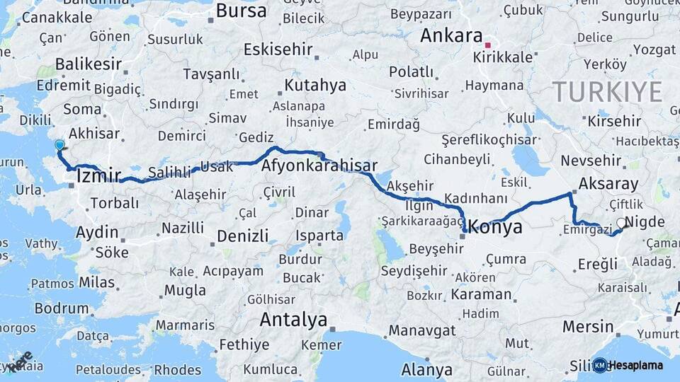 İzmir Aliağa Niğde Arası Kaç Km - Yol Haritası