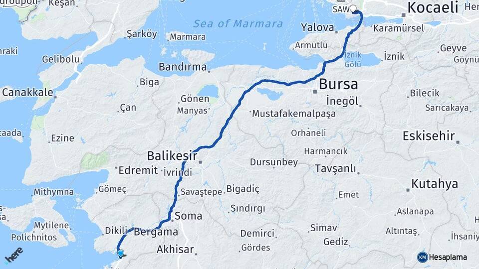 İzmir Aliağa Yenişakran Gebze Kocaeli Arası Kaç Km - Yol Haritası