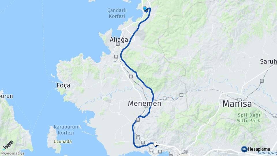 İzmir Aliağa Yenişakran Karşıyaka Arası Kaç Km - Yol Haritası