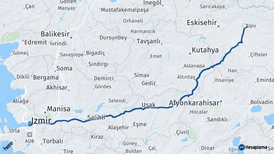 İzmir Alpu Eskişehir Arası Kaç Km - Yol Haritası