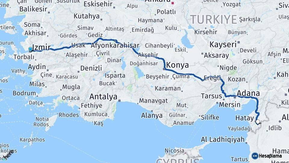 İzmir Altınözü Hatay Arası Kaç Km - Yol Haritası