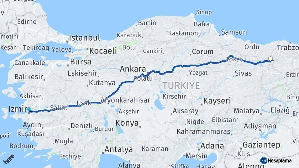 İzmir Alucra Giresun Arası Kaç Km - Yol Haritası