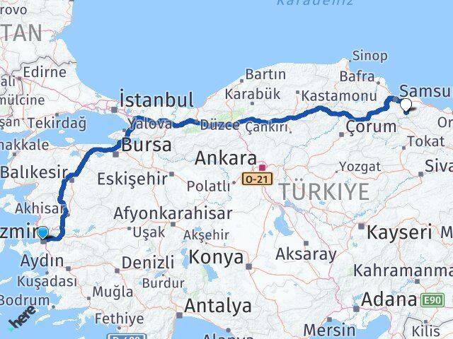 İzmir Ayvacık Samsun Arası Kaç Km - Yol Haritası