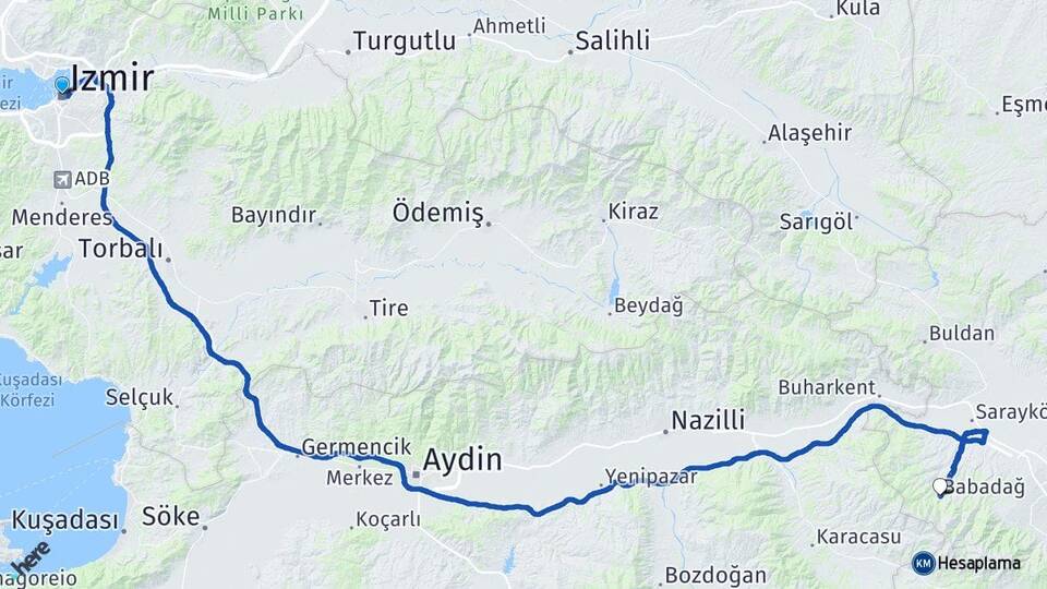 İzmir Babadağ Denizli Arası Kaç Km - Yol Haritası