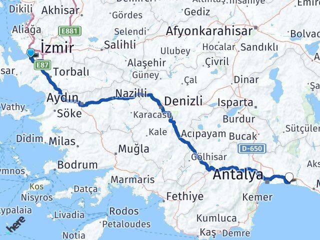 İzmir Balçova Belek Serik Antalya Arası Kaç Km - Yol Haritası