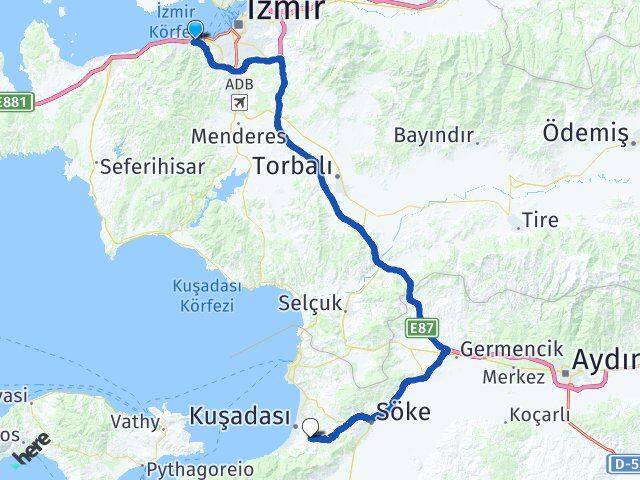 İzmir Balçova Davutlar Kuşadası Aydın Arası Kaç Km - Yol Haritası