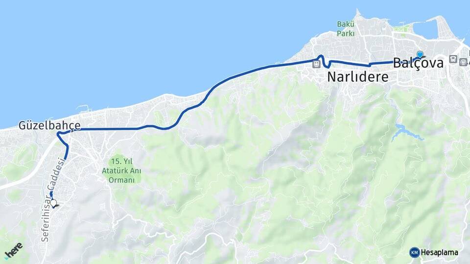 İzmir Balçova Yelki Güzelbahçe Arası Kaç Km - Yol Haritası