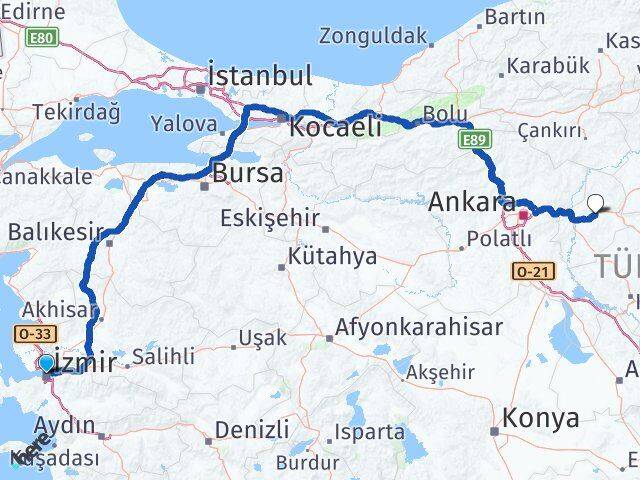 İzmir Balışeyh Kırıkkale Arası Kaç Km - Yol Haritası