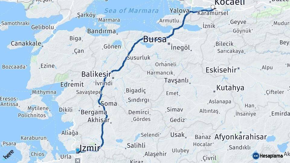 İzmir Başiskele Kocaeli Arası Kaç Km - Yol Haritası