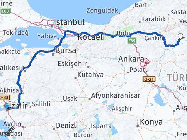 İzmir Bayat Çorum Arası Kaç Km - Yol Haritası
