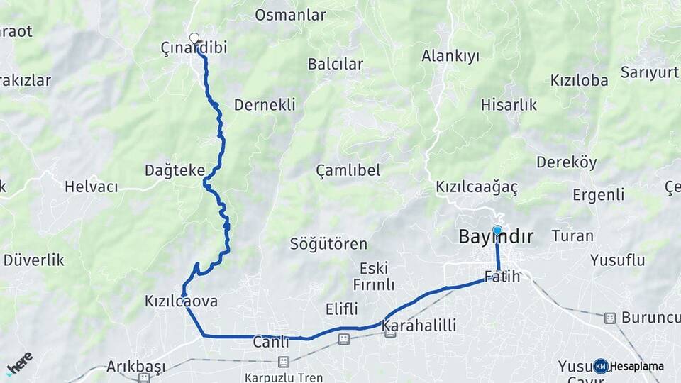 İzmir Bayındır Çınardibi Bayındır Arası Kaç Km - Yol Haritası