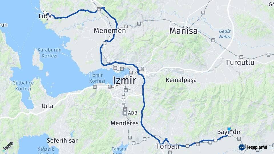 İzmir Bayındır Foça Arası Kaç Km - Yol Haritası