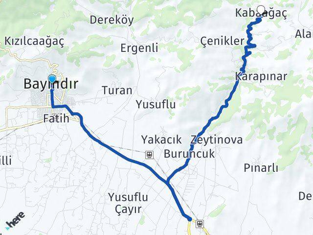 İzmir Bayındır Kabaağaç Bayındır Arası Kaç Km - Yol Haritası
