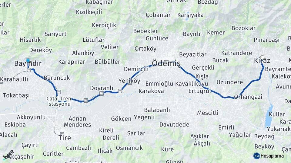 İzmir Bayındır Kiraz Arası Kaç Km - Yol Haritası
