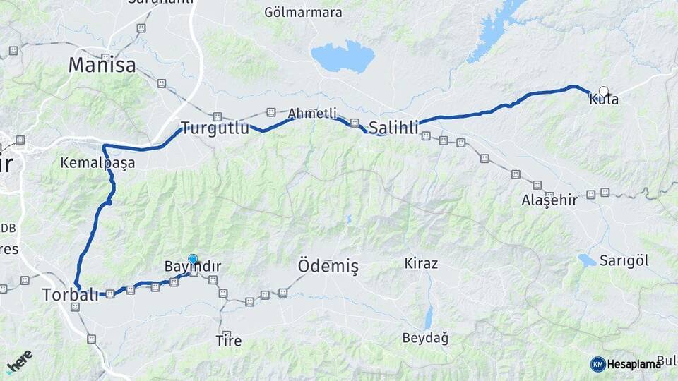 İzmir Bayındır Kula Manisa Arası Kaç Km - Yol Haritası