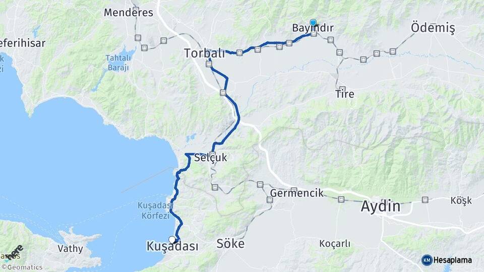 İzmir Bayındır Kuşadası Aydın Arası Kaç Km - Yol Haritası