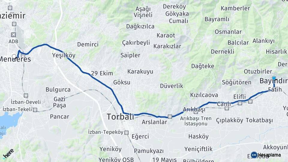 İzmir Bayındır Menderes Arası Kaç Km - Yol Haritası