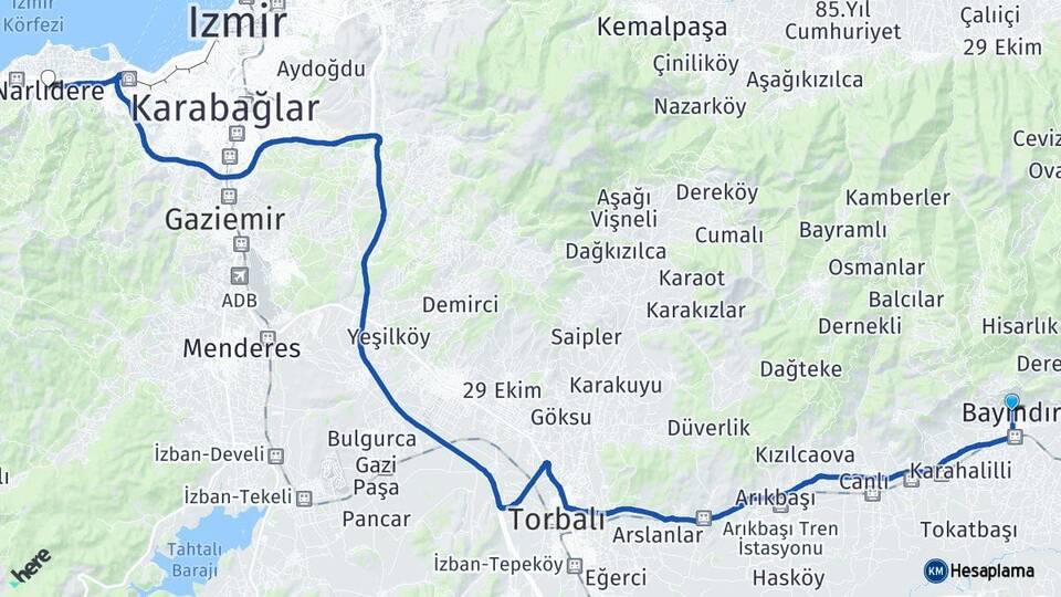 İzmir Bayındır Narlıdere Arası Kaç Km - Yol Haritası