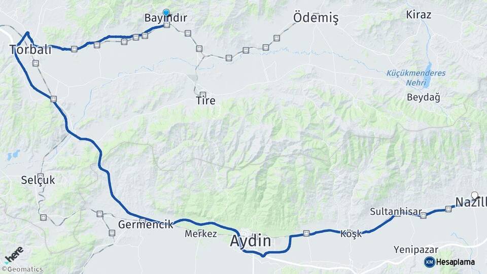 İzmir Bayındır Nazilli Aydın Arası Kaç Km - Yol Haritası