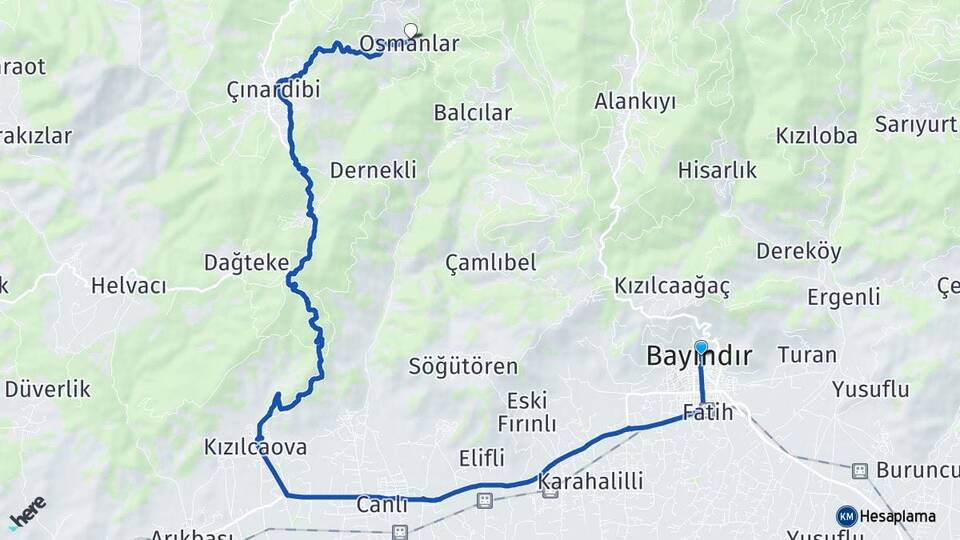İzmir Bayındır Osmanlar Bayındır Arası Kaç Km - Yol Haritası