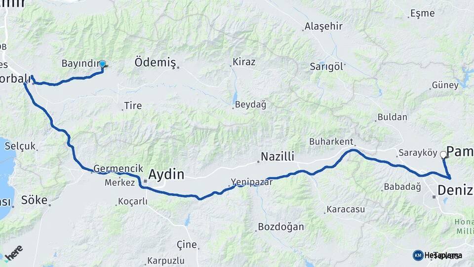 İzmir Bayındır Pamukkale Denizli Arası Kaç Km - Yol Haritası