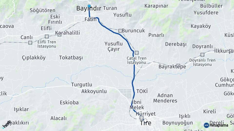 İzmir Bayındır Tire Arası Kaç Km - Yol Haritası