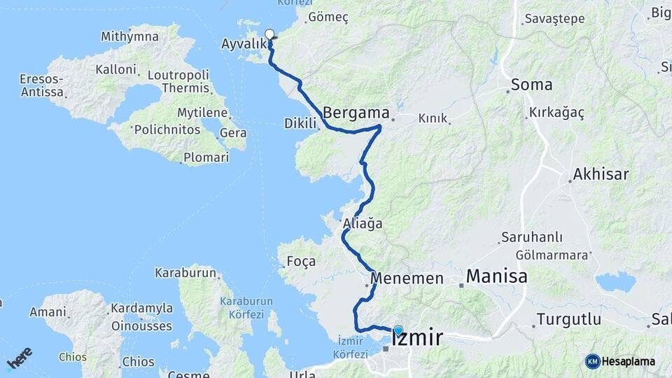 İzmir Bayraklı Ayvalık Balıkesir Arası Kaç Km - Yol Haritası