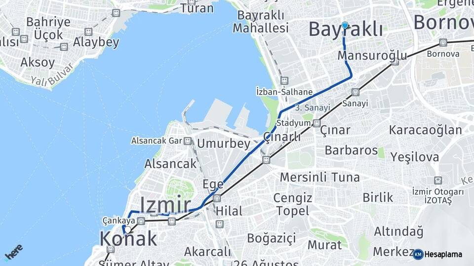 İzmir Bayraklı Konak Arası Kaç Km - Yol Haritası